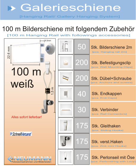 Galerieschienen Komplett Set 100m mit Öse