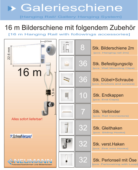 Galerieschienen Komplett Set 16m mit Öse