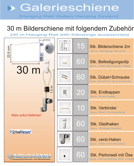 Galerieschienen Komplett Set 30m mit Öse