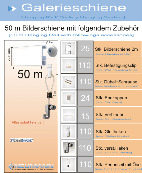Galerieschienen Komplett Set 50m mit Öse