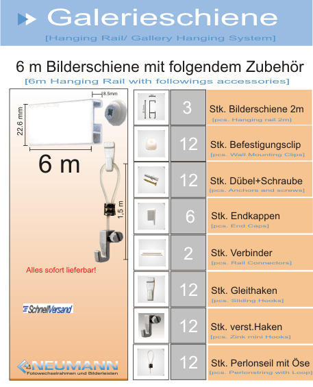 Galerieschienen Komplett Set 6m mit Öse