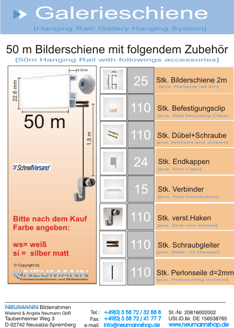 Bilderschienen kompl.-SET 50m Galerieschiene mit Schraubgleiter 50m