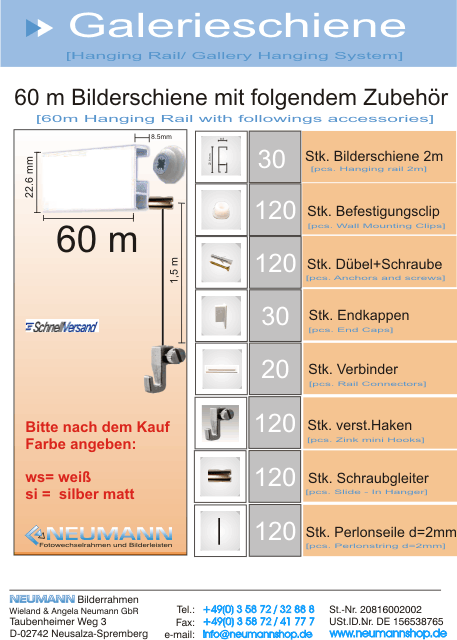 Bilderschienen kompl.-SET 60m Galerieschienen SET mit Schraubgleiter 60m