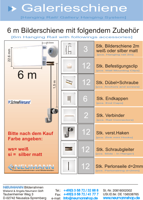 Galerieschiene mit Schraubgleiter 6m