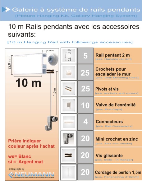 10m Kit rail d´accrochage mural pour cadres